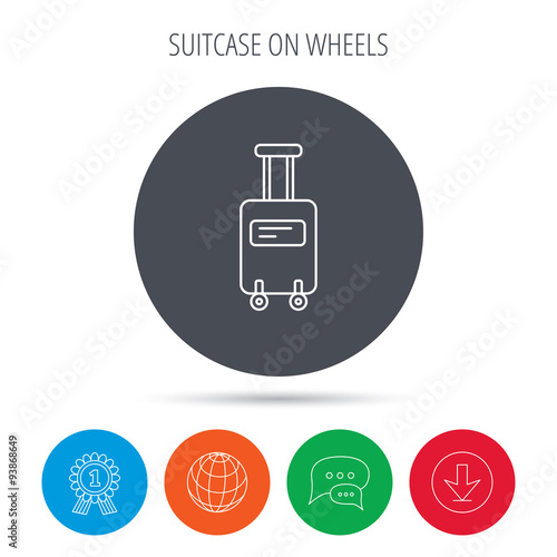 Suitcase with wheels icon. Travel baggage sign.