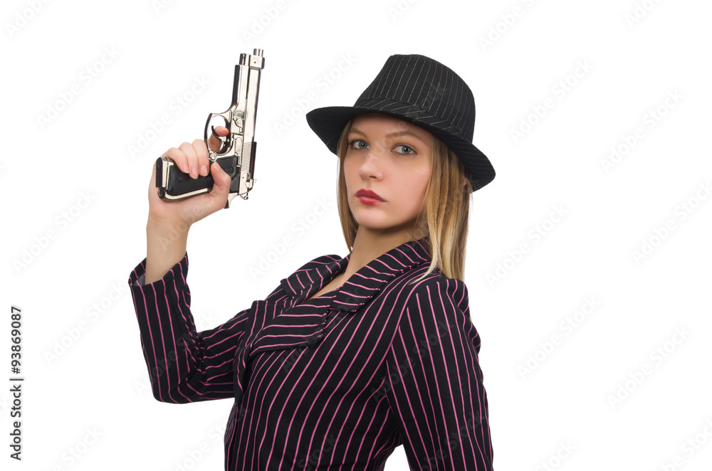 Gangster woman with gun isolated on white Gangster woman with gun isolated on white
