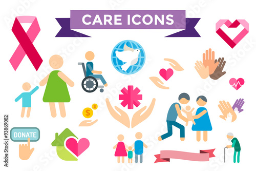 Charity care flat icons set