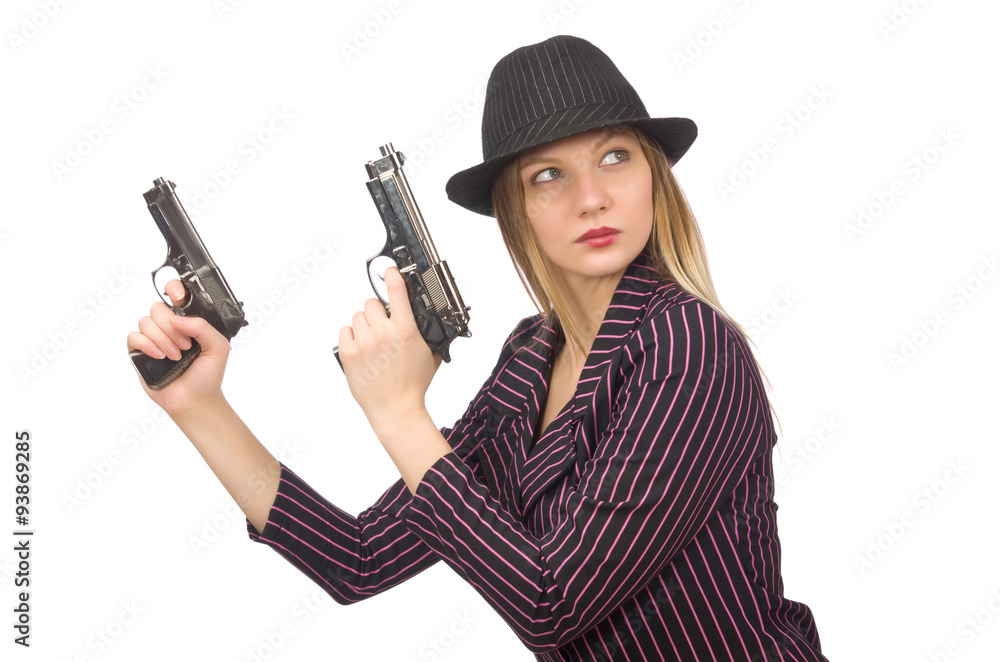 Gangster woman with gun isolated on white Gangster woman with gun isolated on white