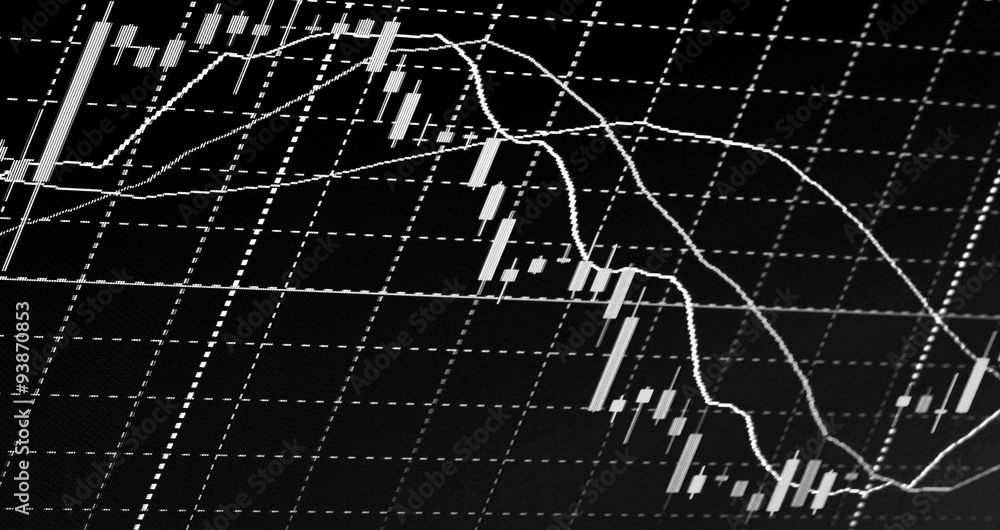 Obraz premium Finance trade data analysis. Computer screen live display. Online live finance business. Stock market quotes. Ticker board blue. Business data shown on computer screen. Stock market. Ticker board.