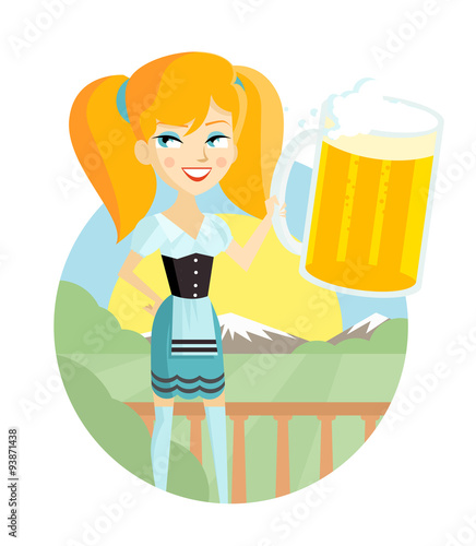 mujer en el campo con una gran jarra de cerveza artesanal