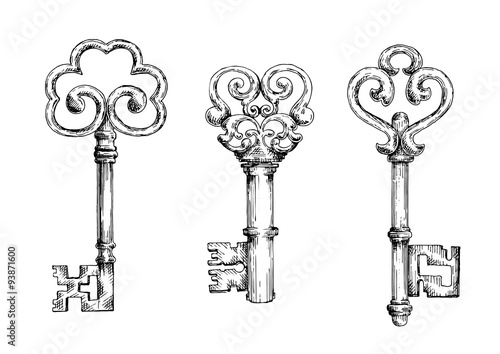 Sketch of vintage keys with curly elements