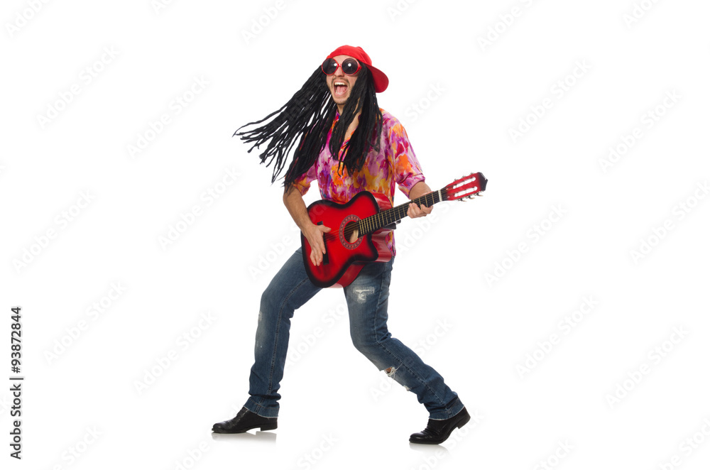 Male musician with guitar isolated on white Male musician with guitar isolated on white