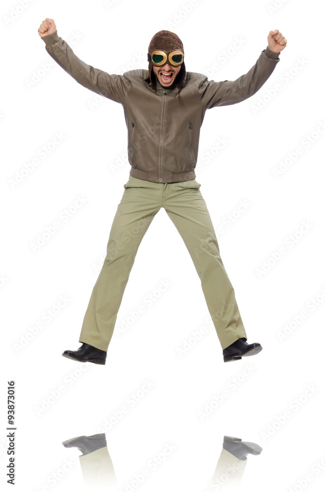 Man wearing pilot goggles isolated on white Man wearing pilot goggles isolated on white