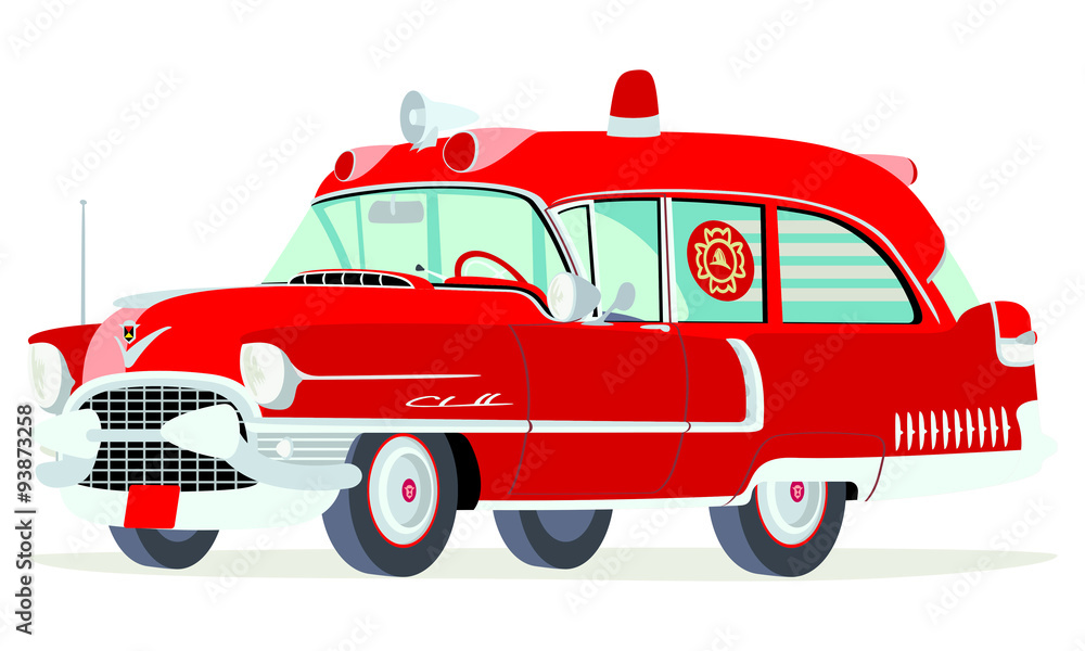Caricatura Cadillac ambulancia - bomberos 1955 vista frontal y lateral Caricatura Cadillac ambulancia - bomberos 1955 vista frontal y lateral