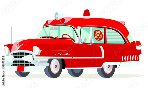 Caricatura Cadillac ambulancia - bomberos 1955 vista frontal y lateral