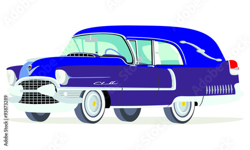Caricatura Cadillac fúnebre 1955 azul vista frontal y lateral