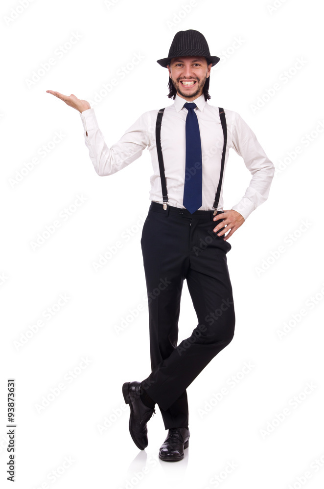 Man wearing hat and suspenders isolated on white