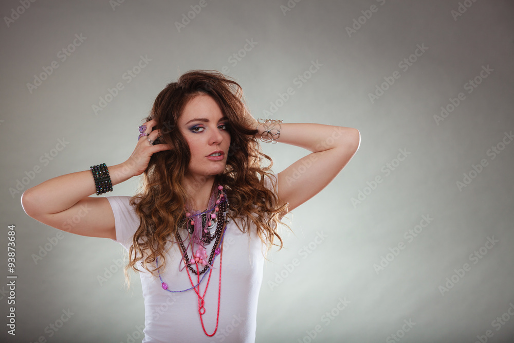 Pretty woman with jewelry necklaces ring bracelets Pretty woman with jewelry necklaces ring bracelets
