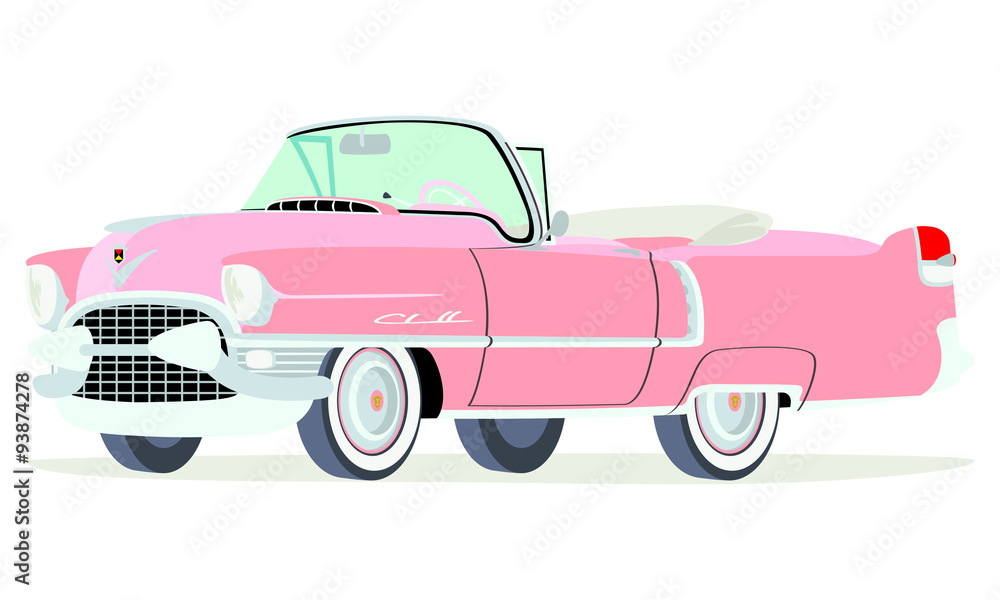 Caricatura Cadillac convertible abierto 1955 rosado vista frontal y lateral