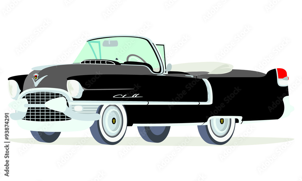 Obraz premium Caricatura Cadillac convertible abierto 1955 negro vista frontal y lateral