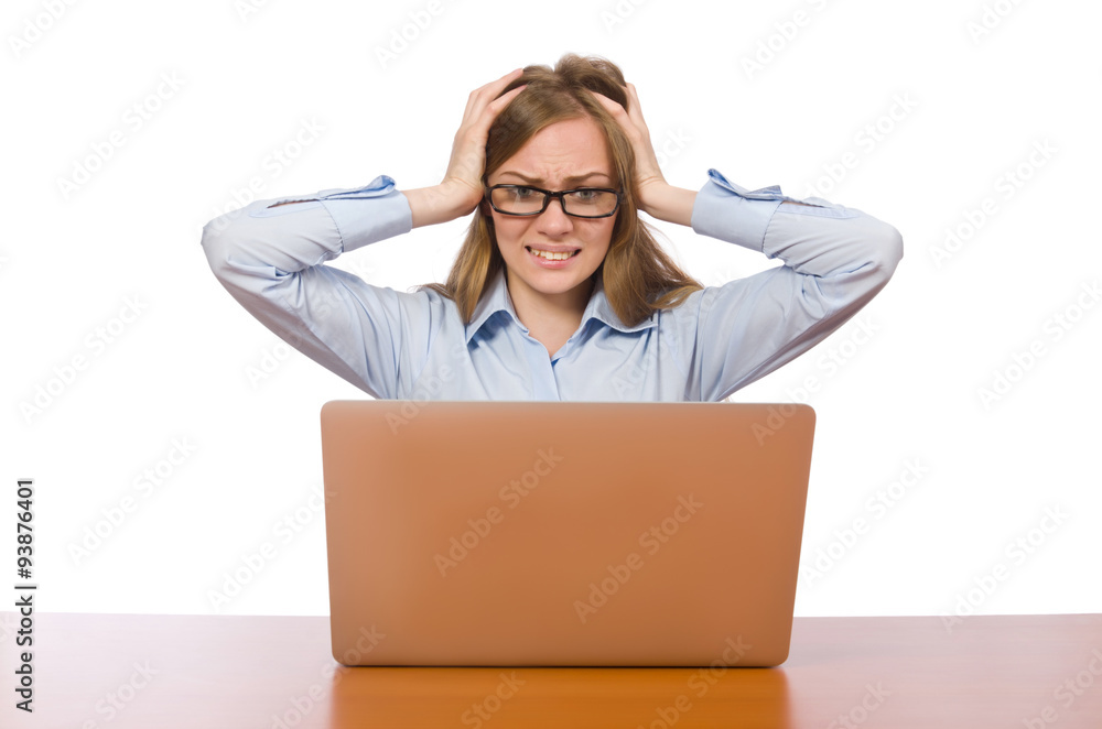 Office employee at work table isolated on white Office employee at work table isolated on white