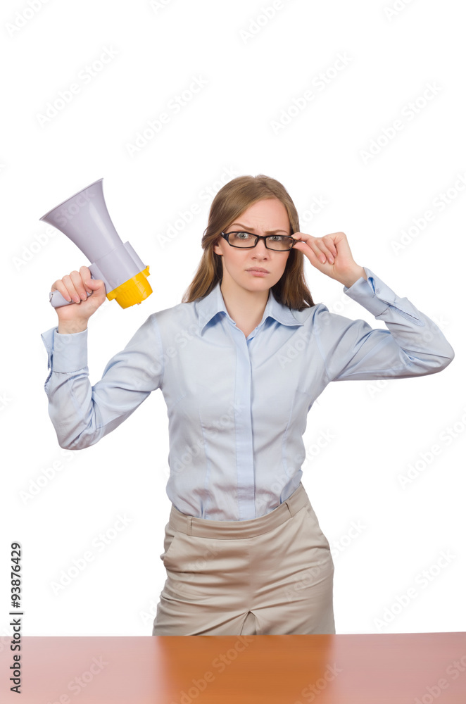 Office employee at job holding loudspeaker isolated on white Office employee at job holding loudspeaker isolated on white