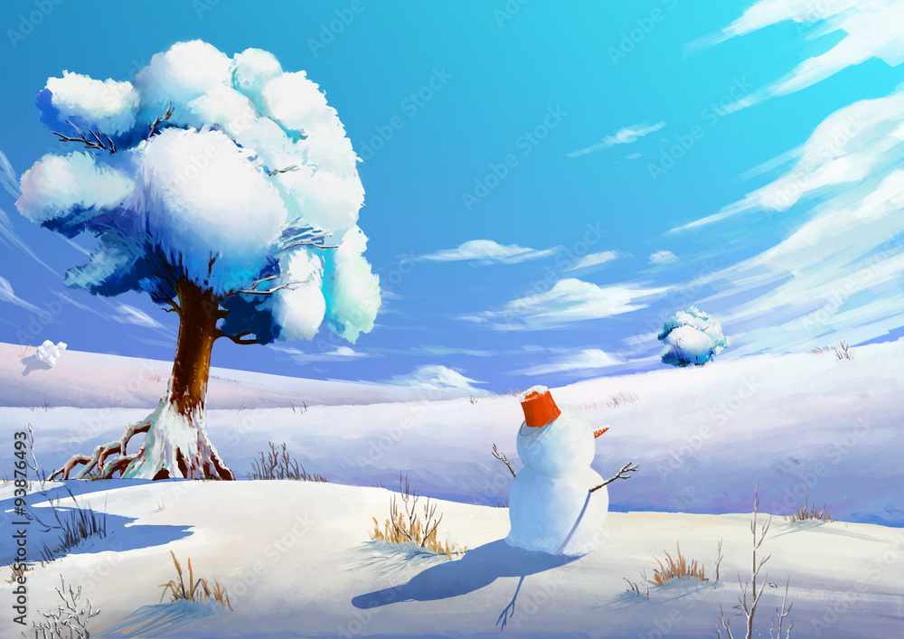 Illustration The Winter Snow Field With Snowman Fantastic Cartoon Style Scene Wallpaper Background Design Stock Illustration Adobe Stock