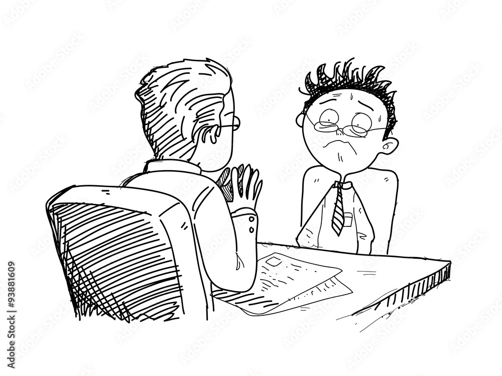 Job Interview, a hand drawn vector doodle illustration of a job seeker being interviewed by the