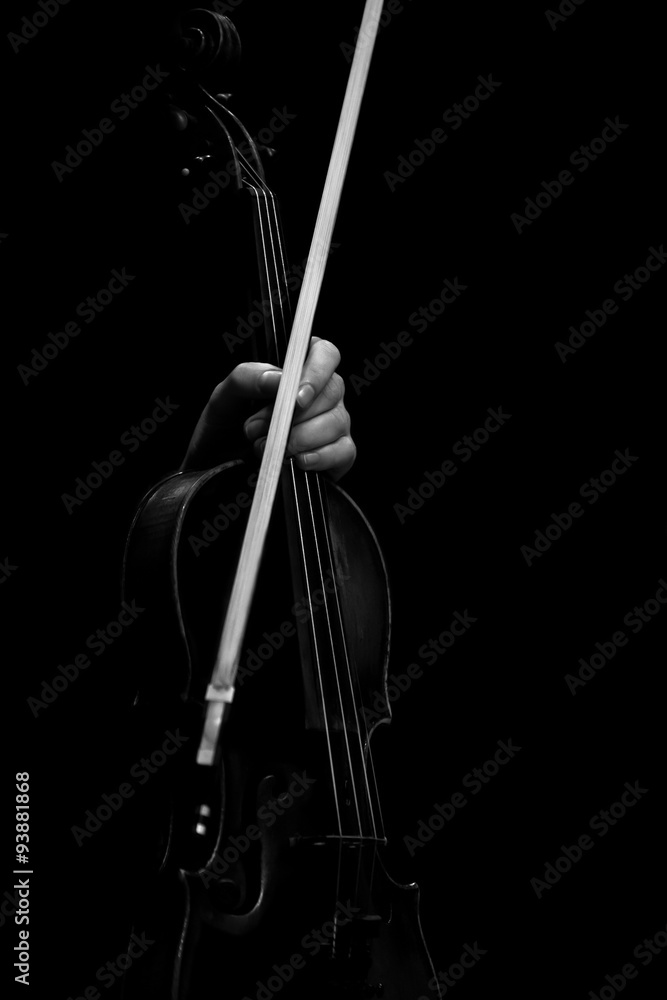 The hand holding the violin in dark colors on a black background The hand holding the violin in dark colors on a black background