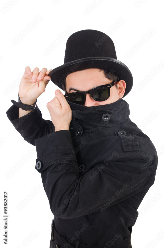 Young detective in black coat isolated on white Young detective in black coat isolated on white