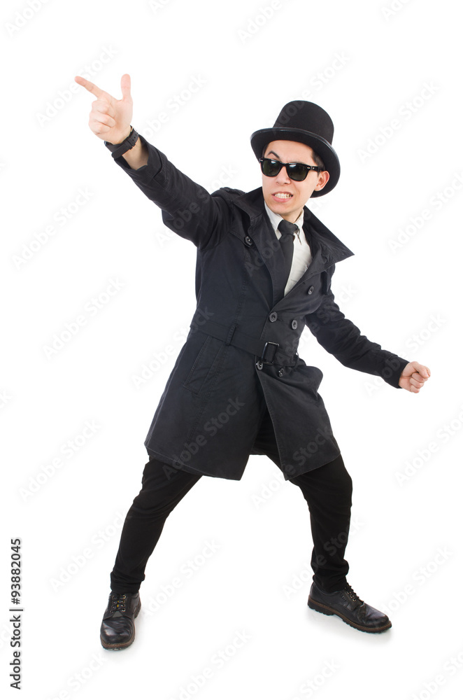 Young detective in black coat isolated on white Young detective in black coat isolated on white