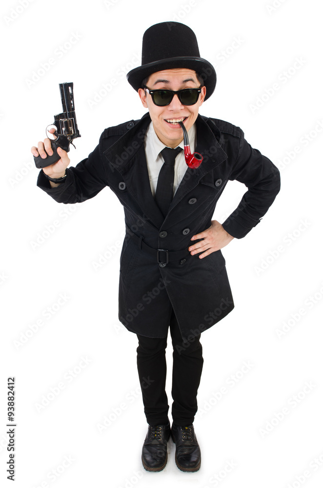 Young detective in black coat holding handgun isolated on white Young detective in black coat holding handgun isolated on white