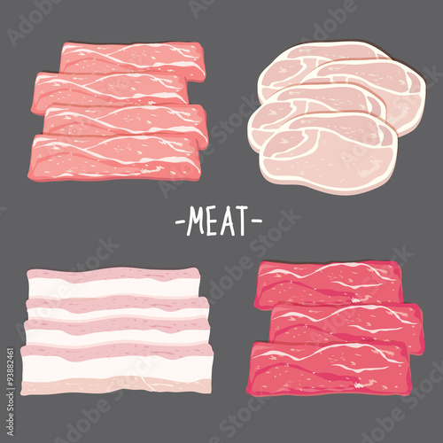 Meat food eat beef pork bacon chicken fresh raw piece slice cartoon vector