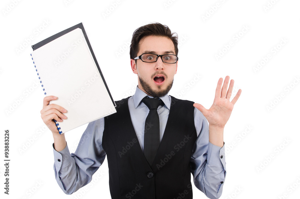 Office employee holding paper isolated on white Office employee holding paper isolated on white