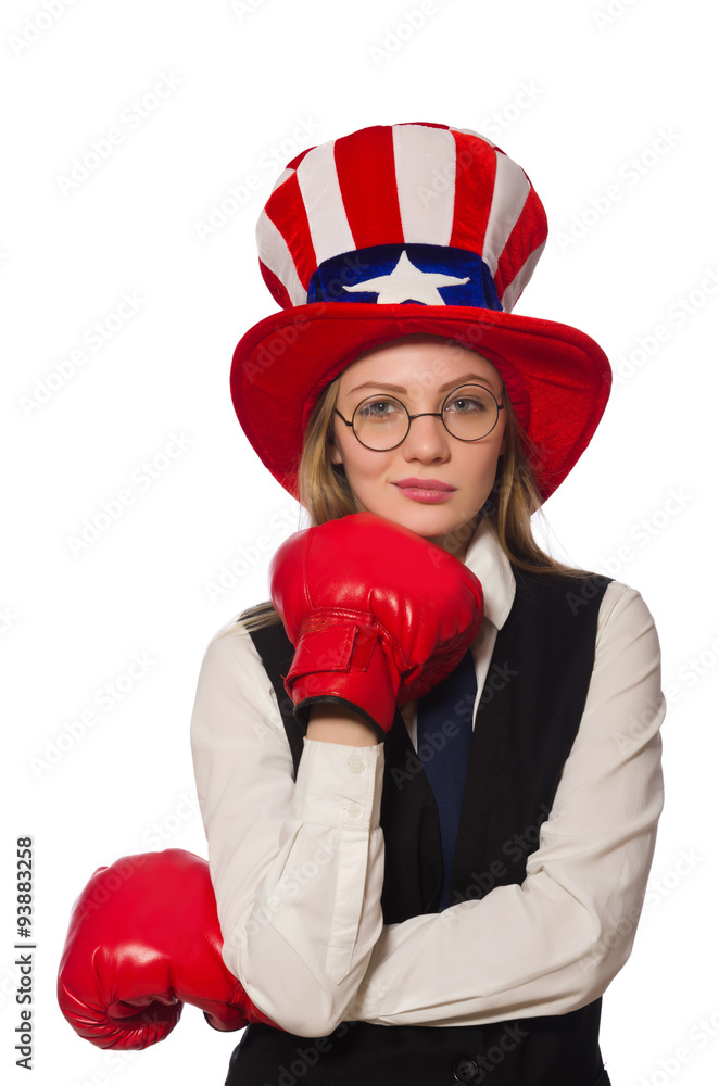 Woman with boxing gloves isolated on white Woman with boxing gloves isolated on white