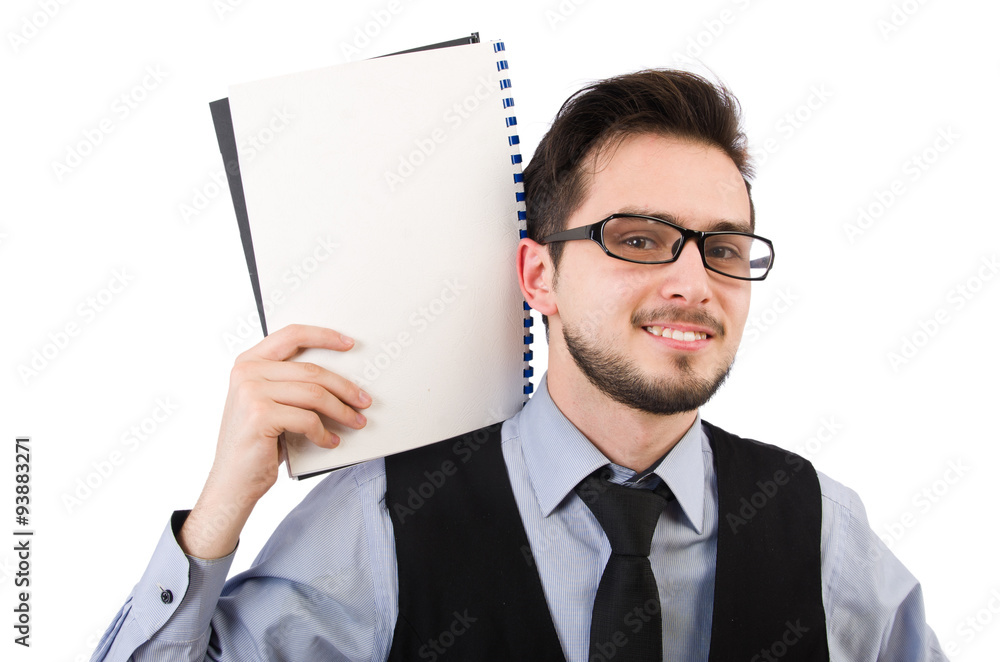 Office employee holding paper isolated on white Office employee holding paper isolated on white
