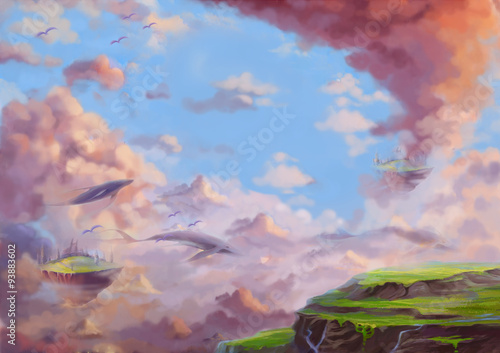 Ilustracja: Fantastyczna kraina czarów z latającymi lądami i wielorybami. Fantastyczna tapeta w stylu kreskówki w tle z historią.