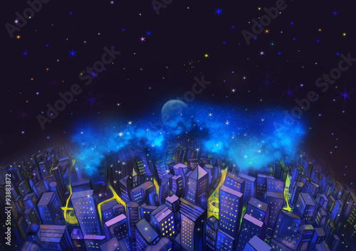 Illustration  The City and the Fantastic Starry Night. A Good Wish Card appropriate for any event. Fantastic Cartoon Style Wallpaper Background Scene Design.