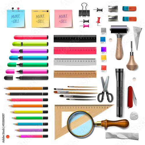 Set of office supplies on white background