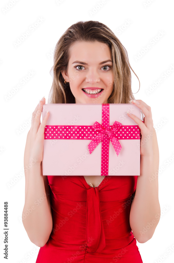Pretty girl holding gift box isolated on white Pretty girl holding gift box isolated on white