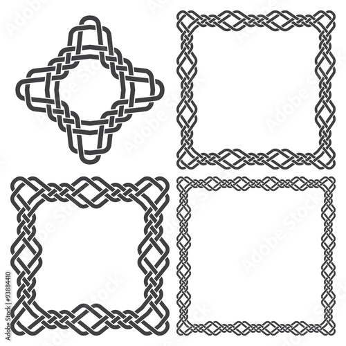 Set of magic knotting frames and celtic cross. 4 square decorative elements with stripes braiding for your design.