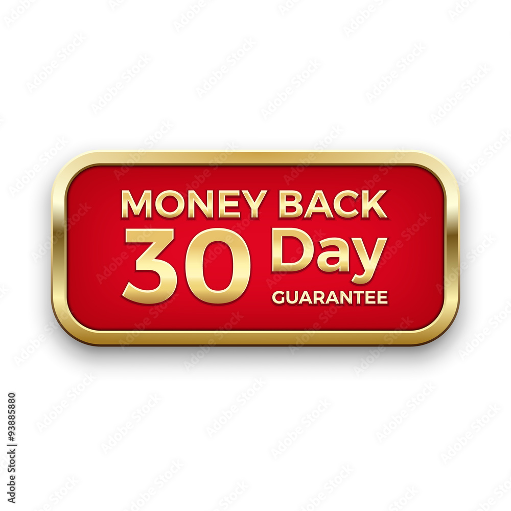Red money back button with golden frame Red money back button with golden frame
