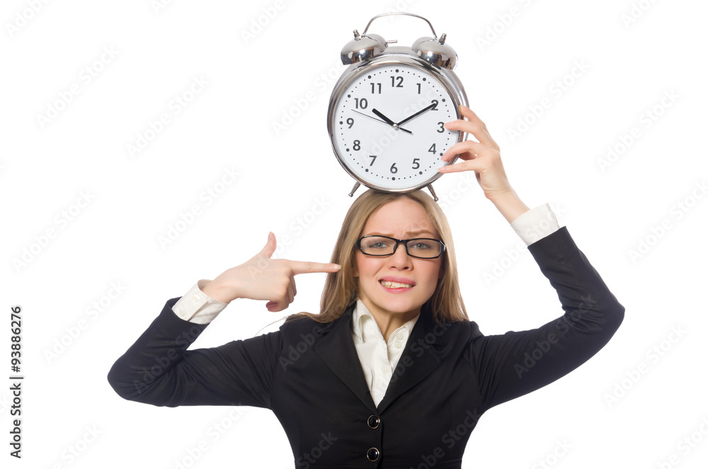 Pretty office employee with alarm clock isolated on white Pretty office employee with alarm clock isolated on white