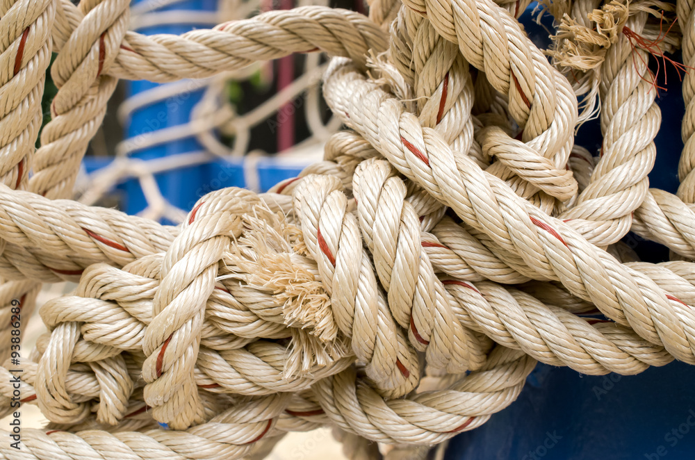 Rope And Knot On Background. Outdoor view, Selective focus and Close up detail image Rope And Knot On Background. Outdoor view, Selective focus and Close up detail image