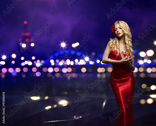 Fashion Woman Night City, Model Girl in Red Dress, Street Lights