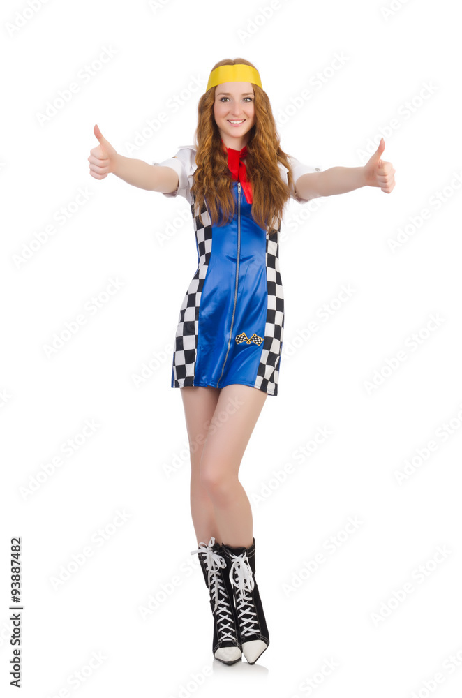 Woman wearing motosports clothing on white Woman wearing motosports clothing on white