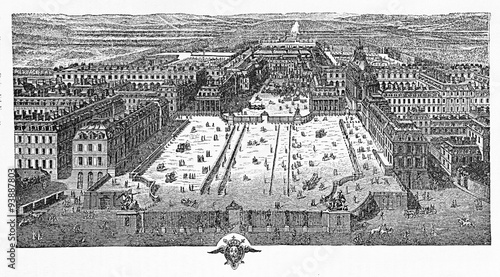 Картината върху платно Engraving of the main court of the palace of Versailles France, a symbol of abso
