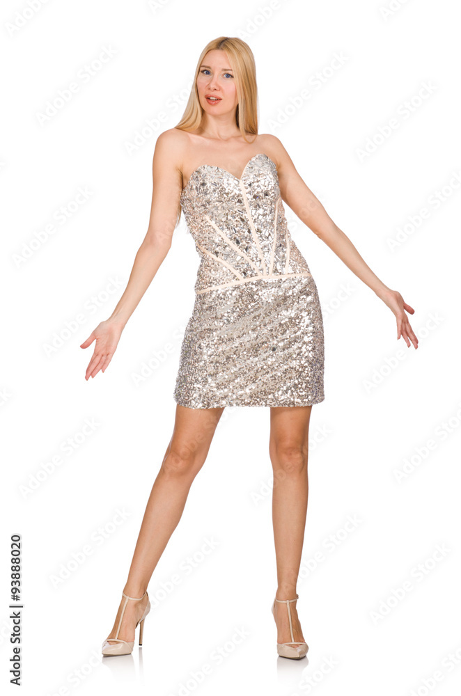 Young woman in silver dress isolated on white Young woman in silver dress isolated on white