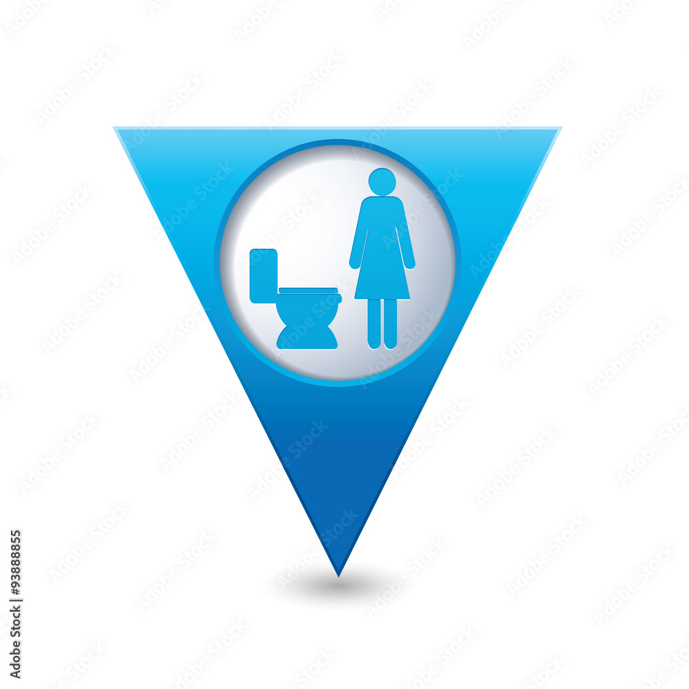 Blue triangular map pointer with restroom icons, lady. WC icon
Blue triangular map pointer with restroom icons, lady. WC icon
