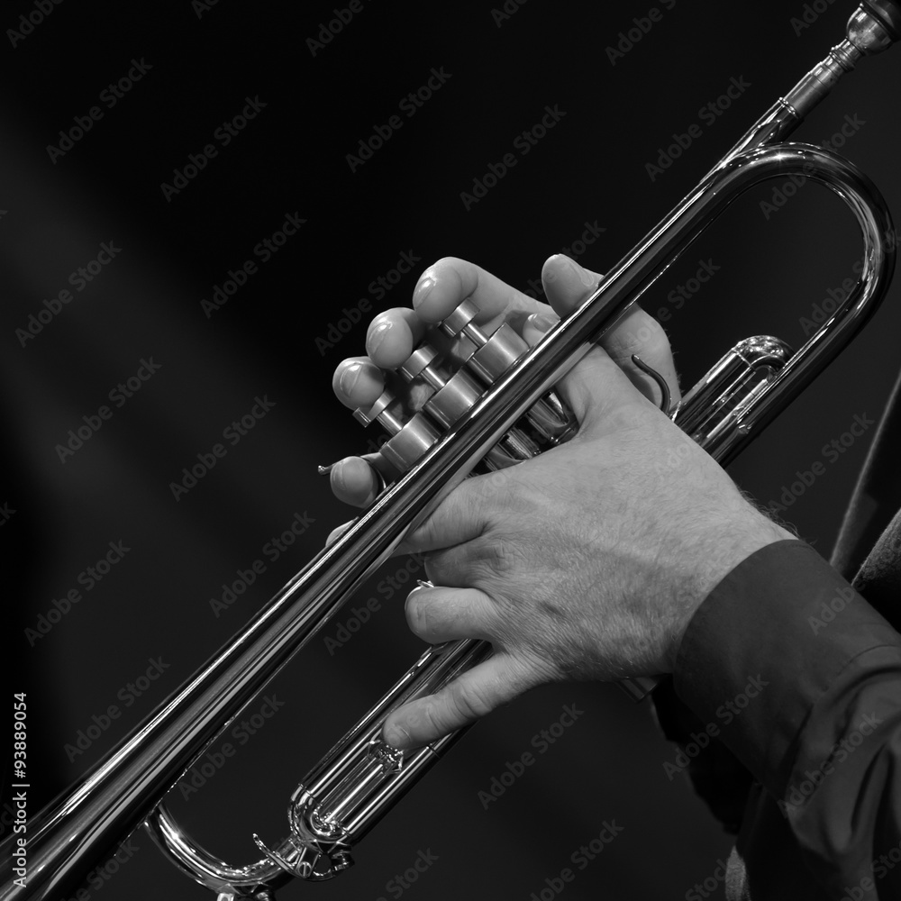 Fototapeta premium Hands of a man playing a trumpet in black and white