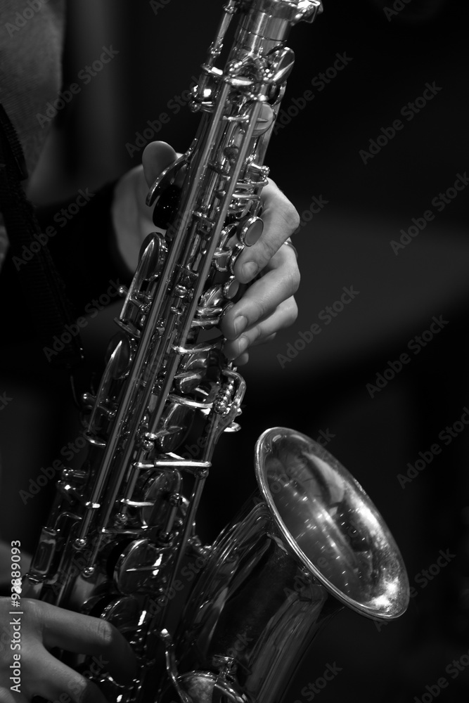 Obraz premium Hands girl playing the saxophone in black and white