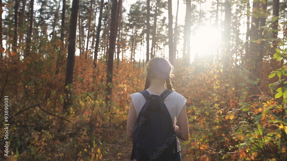 Young beautiful girl with a backpack walking in the autumn forest Young beautiful girl with a backpack walking in the autumn forest