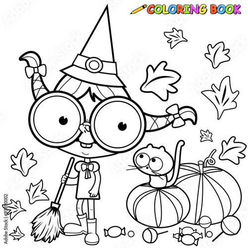Halloween witch with a magical broom, cat and pumpkins. Vector black and white coloring page.