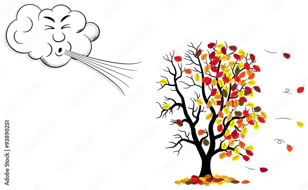 Cartoon Wolke, die Herbstlaub vom Baum bläst Cartoon Wolke, die Herbstlaub vom Baum bläst