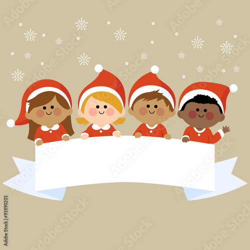 Children dressed in Christmas costumes holding a blank banner. Vector illustration
