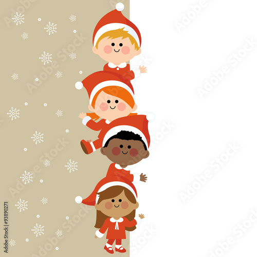 Children dressed in Christmas costumes holding a blank banner. Vector illustration