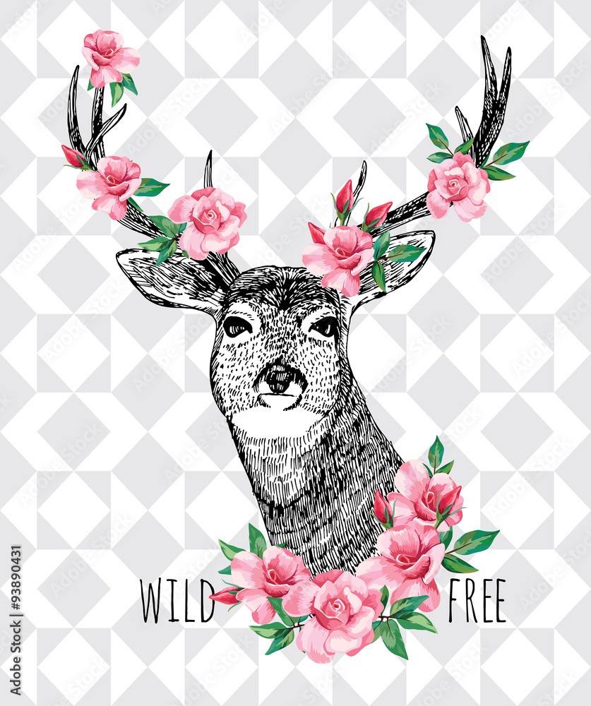 Wild and free. Deer with roses hand drawn illustration - obrazy, fototapety, plakaty 
