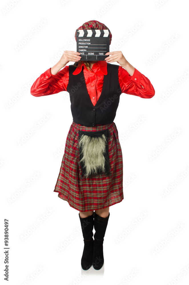 Funny woman in scottish clothing with movie board